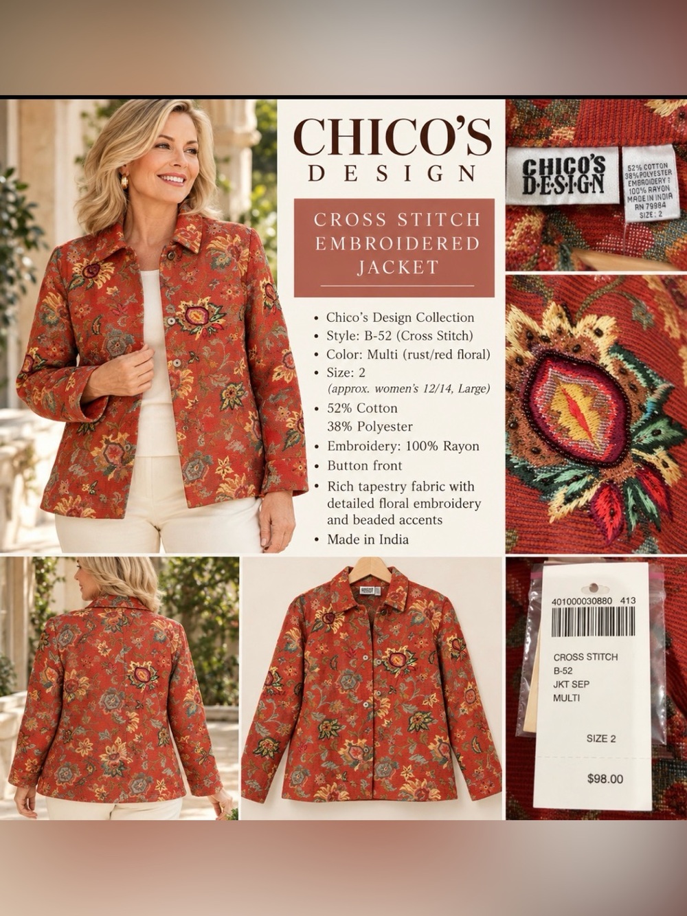 Chico's Design Vintage Cross Stitch
Embroidered Tapestry Jacket Size 2 L NWT